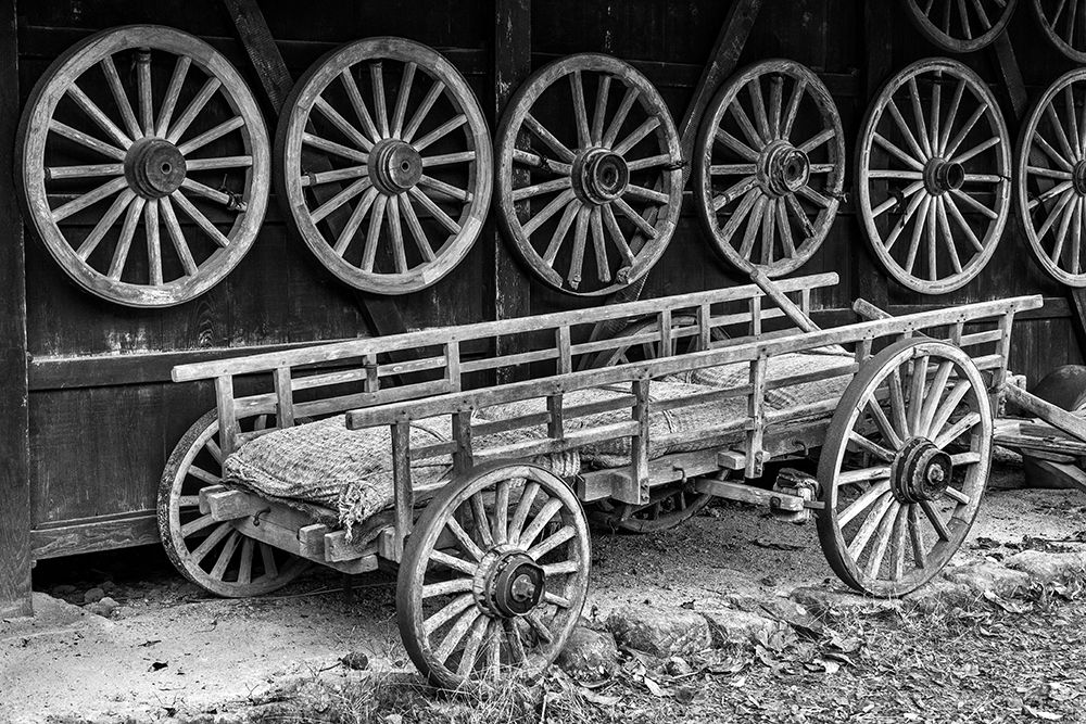 Wooden wagon wheels, Old Yoshimaya house, Hida No Sato, Hida Folk Village, Takayama, Japan